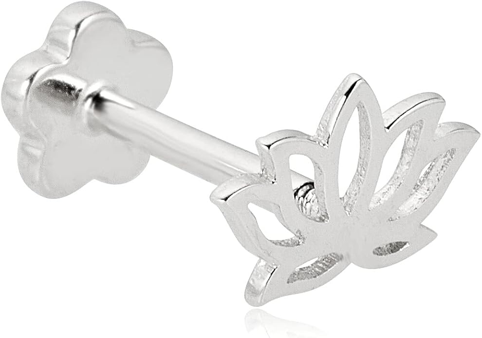 AVORA 14K Gold Lotus Flower Cartilage Piercing Flat Back Earring Body Jewelry (18 Gauge)