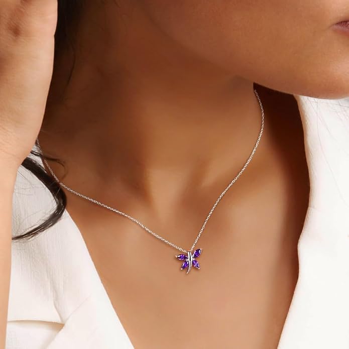925 Sterling Silver Birthstone Necklaces for Women, Dainty Cute Dragonfly/Butterfly Pendant Necklace, Great Christmas/Anniversary Jewelry for Mother