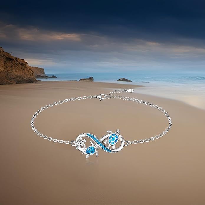 Fenthring Turtle Anklet S925 Sterling Silver Blue Opal Sea Turtle Ankle Bracelets for Women Infinity Wave Ocean Beach Summer Foot Bracelet Jewelry Layered Adjustable