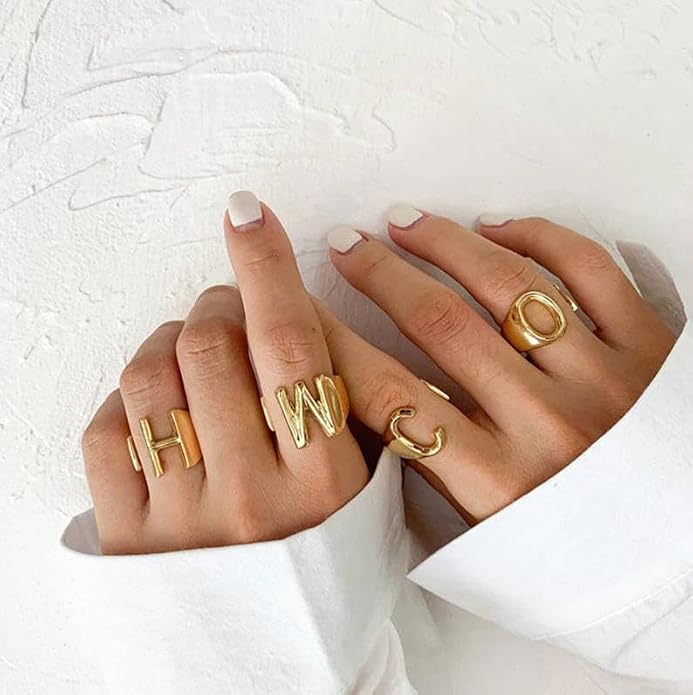 KeyStyle Bold Initial Letter Rings Adjustable, GoldChic Jewelry Women Gold Statement Ring Personalized Engraved Women’s Open Signet Ring for Party (Gold, White Gold, Black)