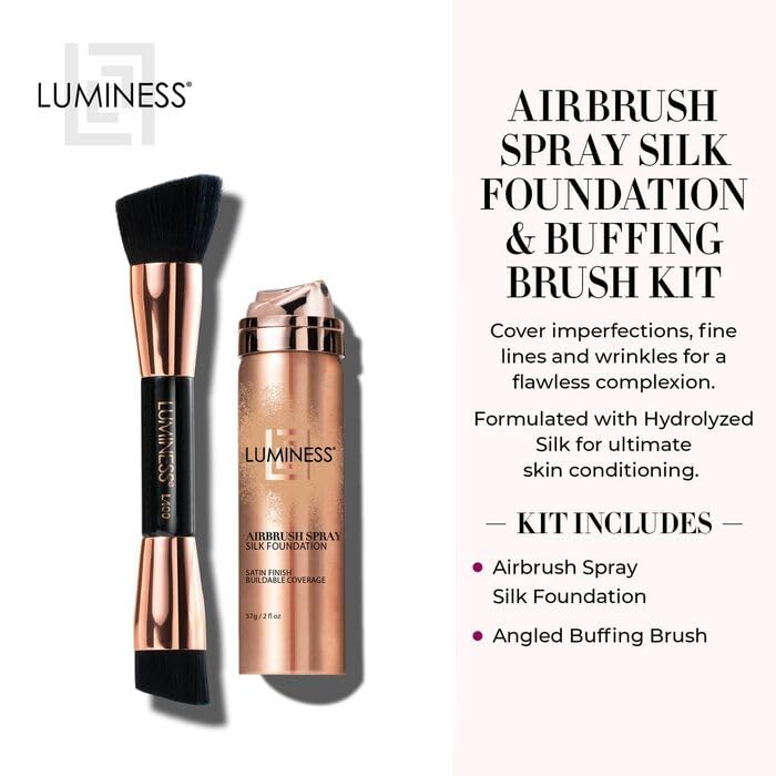 LUMINESS Silk Airbrush Spray Foundation & Buffing Brush Kit – Full Coverage Foundation & Dual-Sided Buffing Brush - Buildable Coverage, Anti-Aging Formula Hydrates & Moisturizes (Shade - Rich Dark)