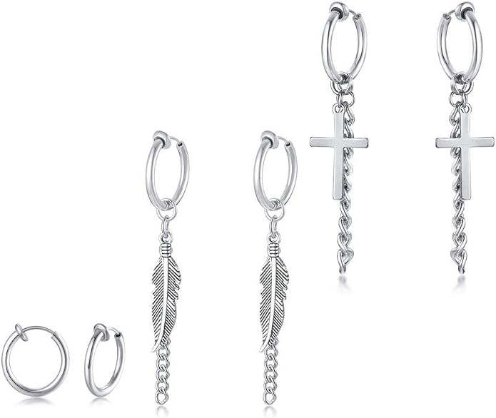 VNOX Unisex Vinatge Stainless Clip On Earrings Non Piercing Feather Charm Dangle Hinged Stud Earrings for Men Women Teen