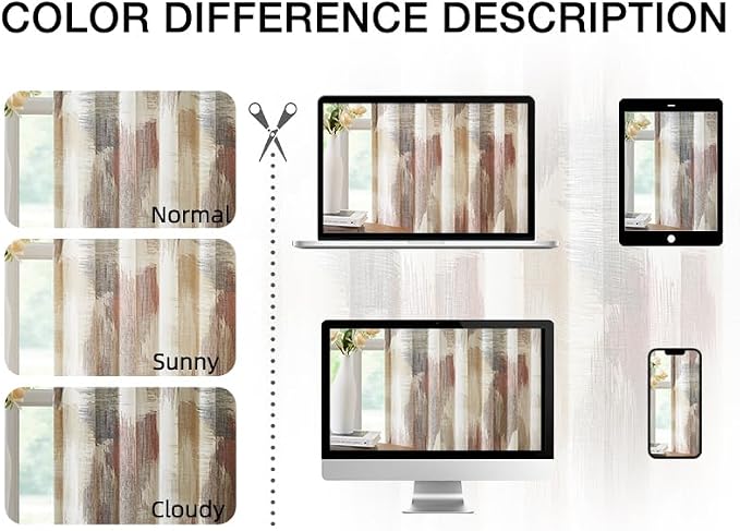 Kayne Studio Red Brown Watercolor Semi Sheer Curtain Panels, Boho Ink Geo Print Light Filtering Farmhouse Drapes for Living Room Bedroom, Back Tab Rod Pocket Window Treatment Set,W52 x L63,2 Panels