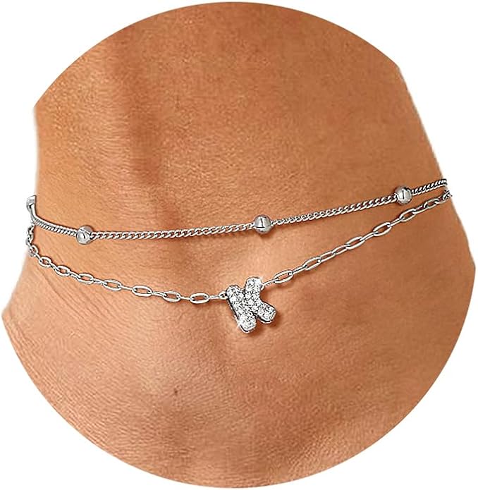 FindChic Silver/14K Gold Plated Layered CZ Initial Ankle Bracelet for Women | Waterproof Stainless Steel, Cubic Zirconia Letter Charm, Non-Tarnish, Hypoallergenic, Adjustable Extender, Summer Jewelry