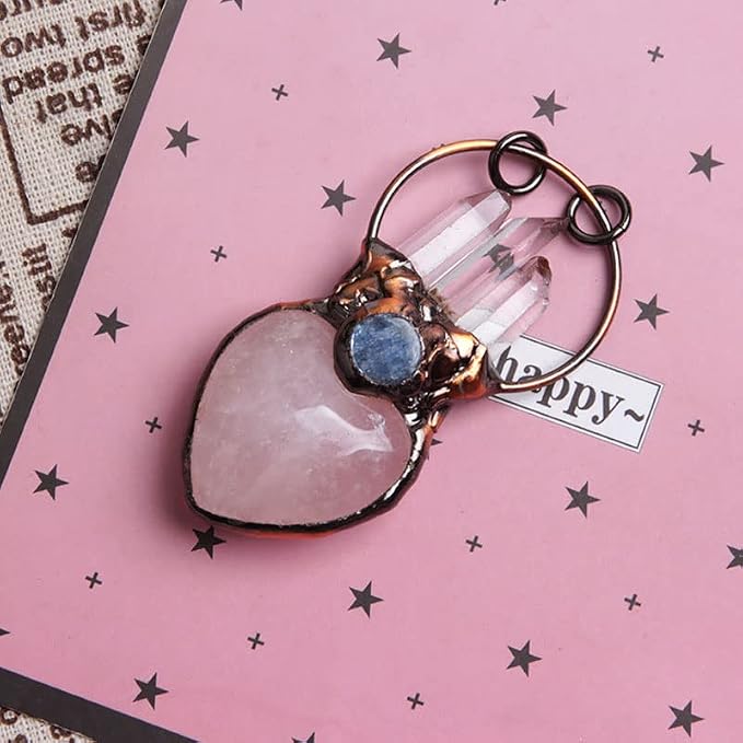 Acxico 1Pcs Natural Rose Quartz Crystal Heart Carved Pendant Clear Quartz Point Healing