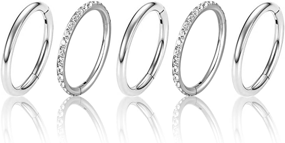 5/10PCS Septum Rings Hoop, 16G/1.2*(6-8-10) mm Surgical Stainless Steel CZ Segment Nose Rings, Cartilage Clicker Hoop Earrings for Rook, Daith, Tragus, Shell pattern Gold Silver