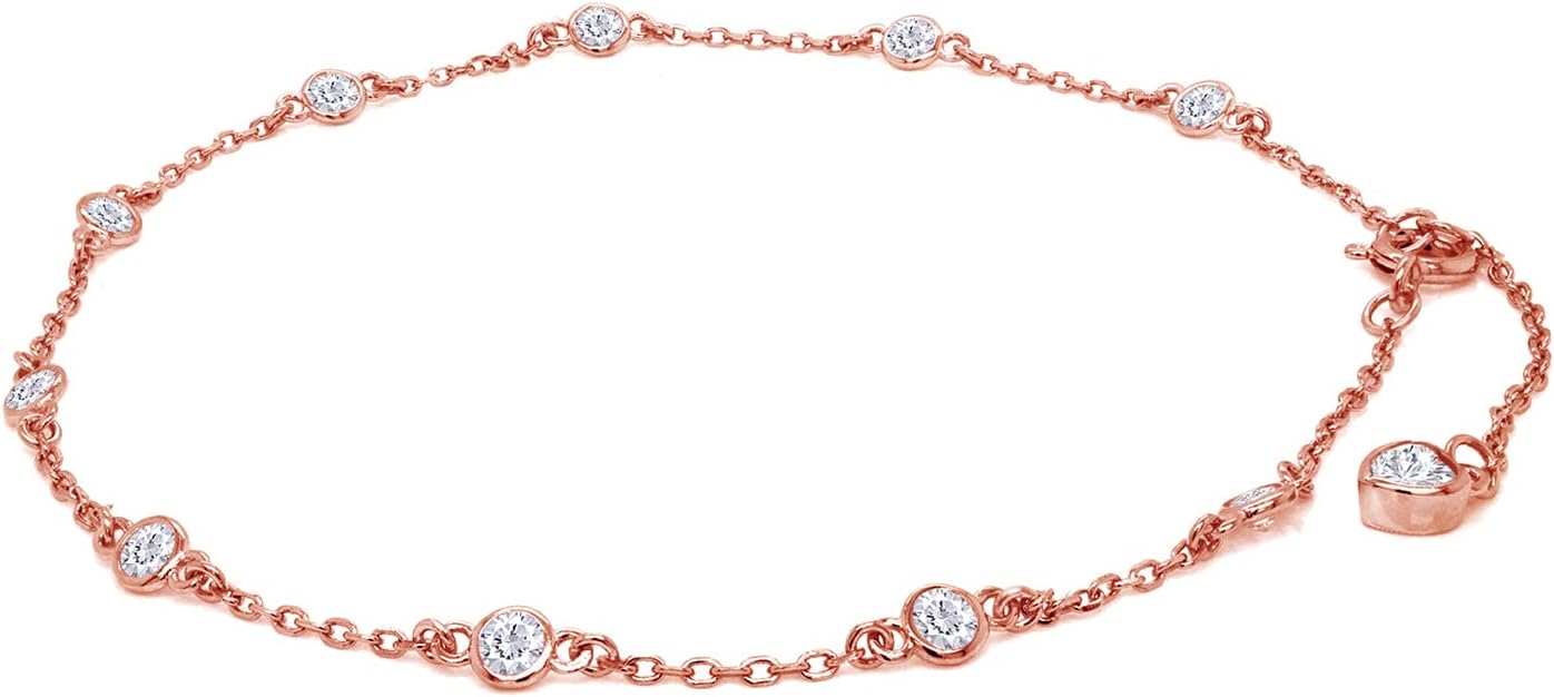 Station Anklet Bracelet For Women 3MM Round Lab Created Moissanite Bezel Set Single Piece Dainty Link Chain Anklet in 14K Gold Plated 925 Sterling Silver 8" to 10" Fine Jewelry