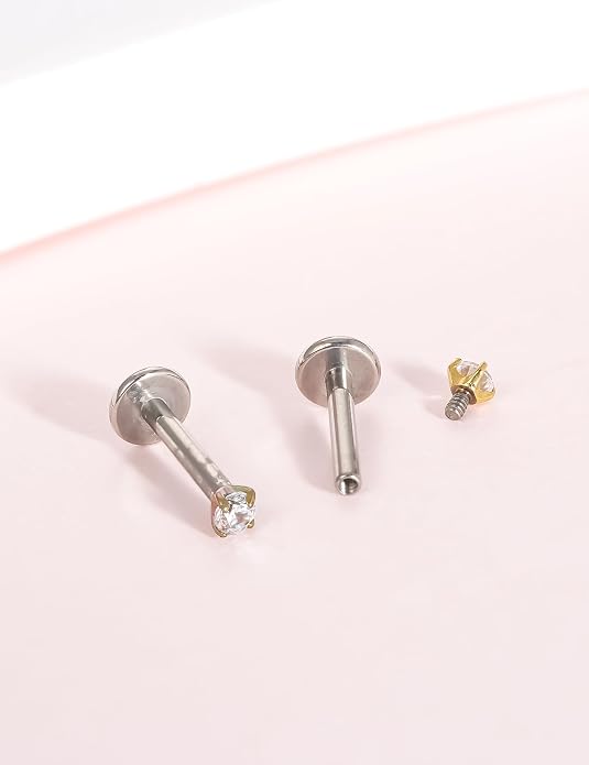 Limerencia 2Pcs 18g Titanium Internally Threaded Tragus Piercing Jewelry Nose Studs Flat Back Earrings Labret, Lip, Helix, Cartilage, Conch, Medusa Piercing for Women Men Sensitive Ears