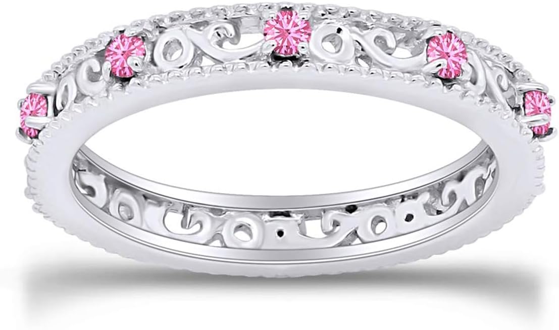 Jewel Zone US Filigree Eternity Wedding Band Ring for Women, Round Cut Simulated Gemstone Stackable Promise Ring in 14K Gold Plated 925 Sterling Silver Band Width 3.5mm – Elegant Jewelry for Her
