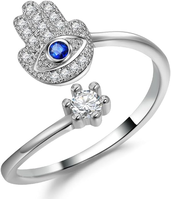 Hamsa Hand Evil Eye Ring for Women, Evil Eye Hamsa Hand of Fatima Ring Blue Cubic Zirconia Inspirational Turkish Eye Ring Hamsa Hand Jewelry Set Gifts Valentine Day Chrismtas Gifts