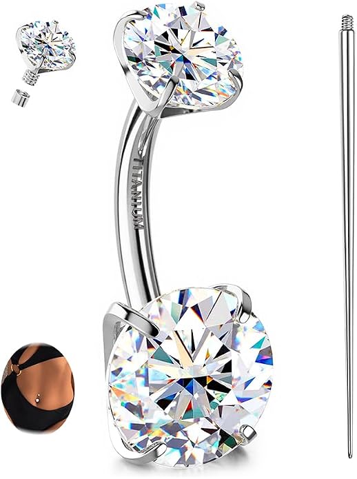 GEMQUEEN Moissanite ＆ G23 TItanium Belly Button Ring 18K Gold Plated Hypoallergenic Internally Threaded Belly Rings 14G Navel Piercing Jewelry For Women Men D Color VVS1 Clarity Brilliant Cut