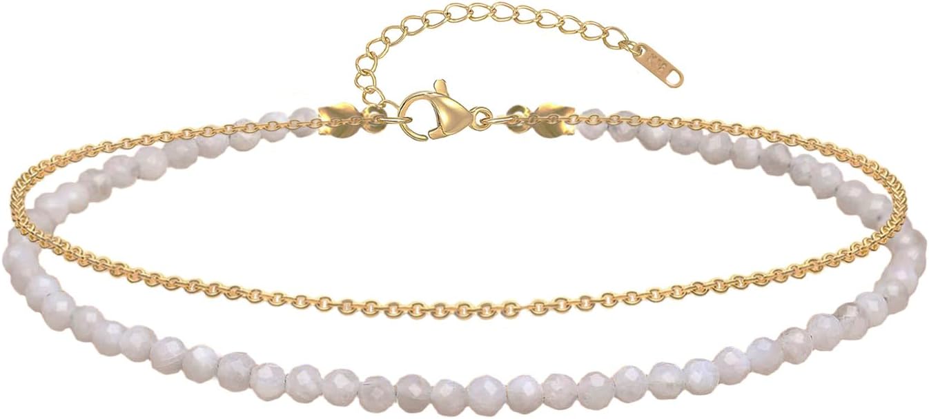 Ankle Bracelet for Women, Dainty 18k Gold Natural Stone Beaded Anklet Adjustable Double Ankle Chain Waterproof Summer Boho Foot Jewelry Birthday Anniversary Graduation Gifts