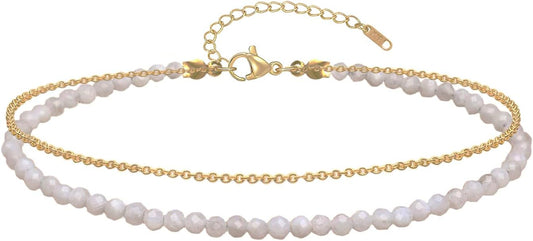 Ankle Bracelet for Women, Dainty 18k Gold Natural Stone Beaded Anklet Adjustable Double Ankle Chain Waterproof Summer Boho Foot Jewelry Birthday Anniversary Graduation Gifts