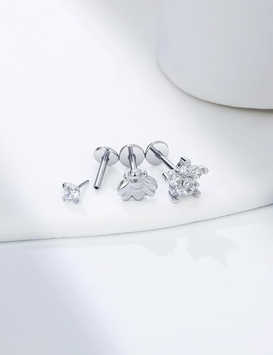 14K Gold Filled 20G 18G 16G Threadless Flat Back Earrings Studs Surgical Stainless Steel Clear CZ Push In Nose Rings Studs Tragus Helix Conch Cartilage Earrings Piercing Jewelry For Women Men