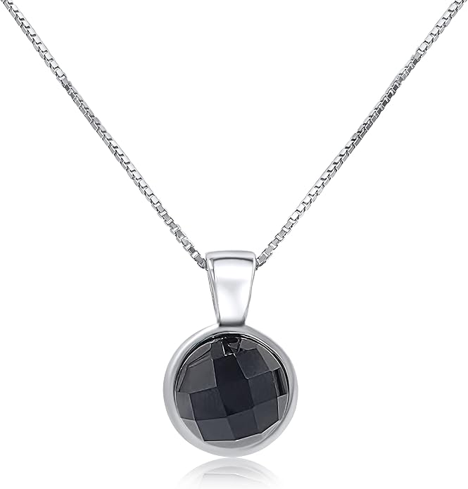 Natural gemstone 8mm round pendant with white gold over 925 sterling silver bezel cabochon plate and box chain, real genuine dainty birthstone gift for her, uniquelan jewelry