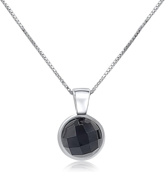 Natural gemstone 8mm round pendant with white gold over 925 sterling silver bezel cabochon plate and box chain, real genuine dainty birthstone gift for her, uniquelan jewelry