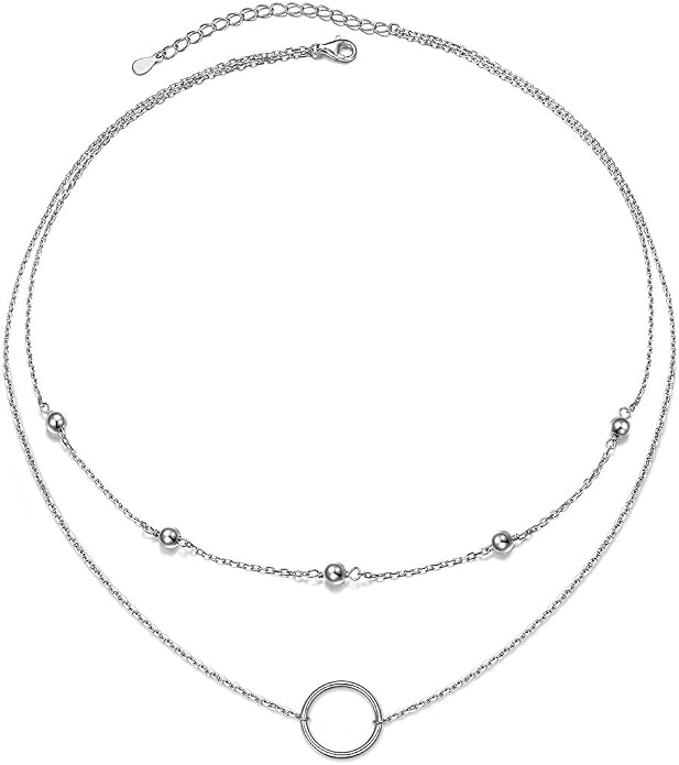 Layered Choker Necklaces for Women S925 Sterling Silver Circle/Heart/Cross/Star Multi Layered Necklace Handmade Bead Chain Adjustable Jewelry for Birthday