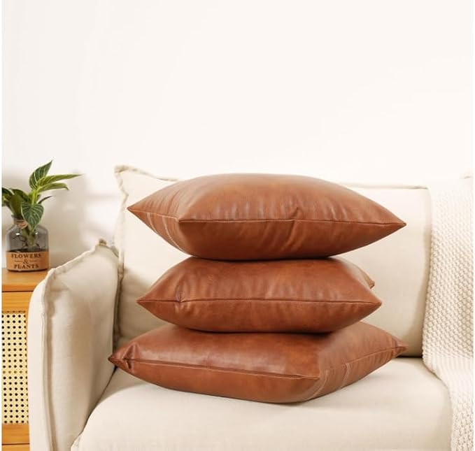 26x26 inch Faux Leather Throw Pillow Covers, Set of 2 Brown Large Thick Solid Farmhouse Modern Decorative Pillow Cases for Outdoor Livingroom Couch Bed Sofa Bedroom Cushion Covers Cognac