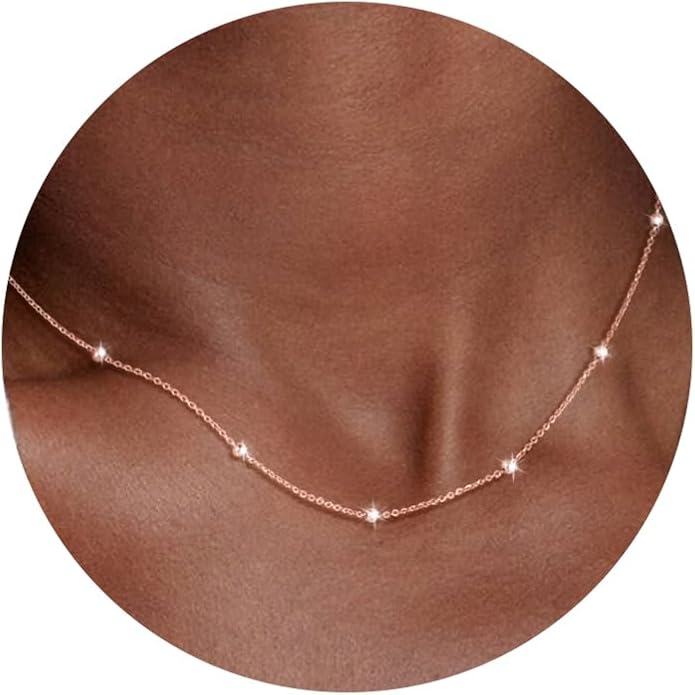 Carffordo 925 Sterling Silver Chain Necklace 16K Gold Plated Beaded Chain Necklace for Women Simple Dainty Choker Necklace Satellite Waterproof Link Necklace Trendy Jewelry Gifts