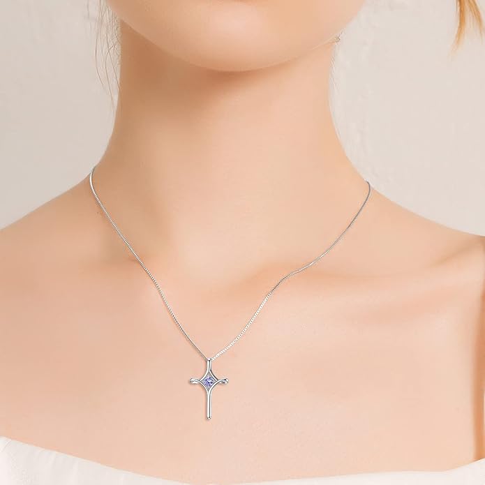 TOUPOP Cross Necklace for Women 925 Sterling Silver Birthstone Cross Pendant Fine Jewelry Anniversary Birthday Mothers Day Gifts for Mom Wife Her