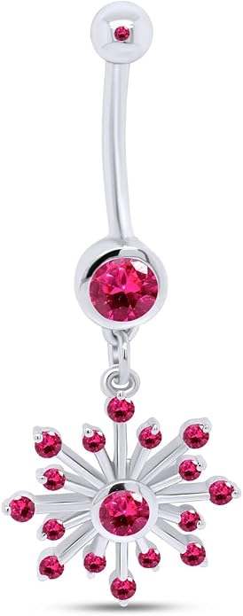 AFFY Snowflake Belly Button Ring for Women Simulated Birthstone, Round Cut Gemstone in 14K Gold Over 925 Sterling Silver, Navel Barbell Piercing Jewelry for Her