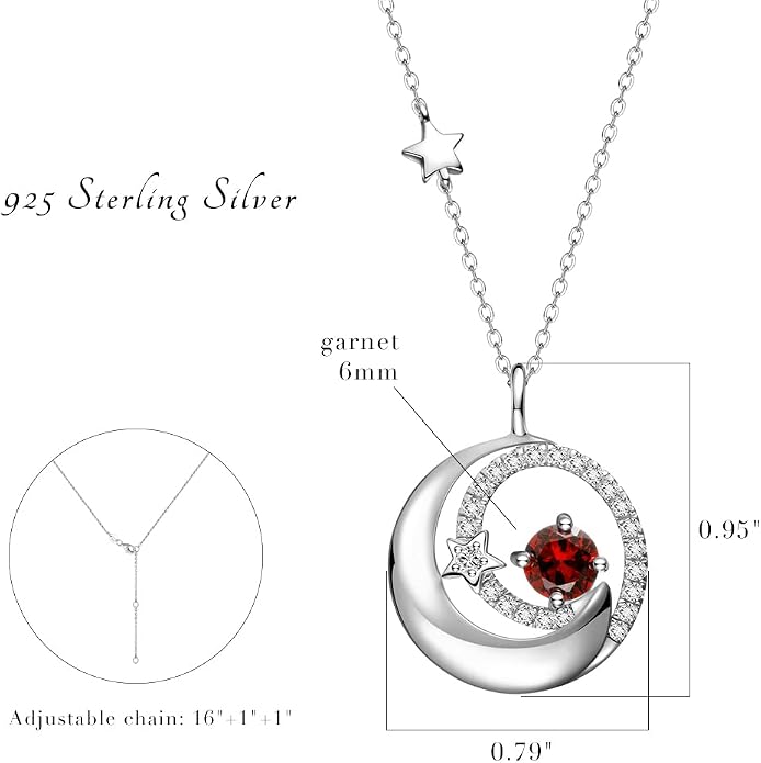 FANCIME Birthstone Necklaces 925 Sterling Silver Moon and Star Pendant Fine Jewelry Birthday Mothers Day Gifts for Mom Wife Her Daughter, Adjustable Chain 16+2"