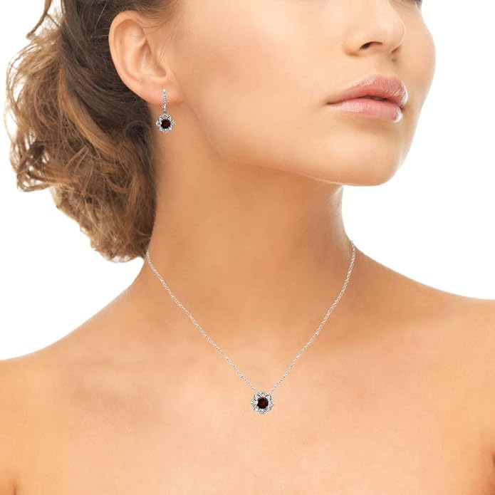 B. BRILLIANT Sterling Silver Genuine or Synthetic Gemstone 6mm Round-Cut Flower Dainty Slide Necklace & Leverback Earrings Set