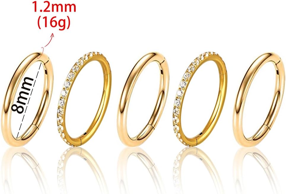 5/10PCS Septum Rings Hoop, 16G/1.2*(6-8-10) mm Surgical Stainless Steel CZ Segment Nose Rings, Cartilage Clicker Hoop Earrings for Rook, Daith, Tragus, Shell pattern Gold Silver