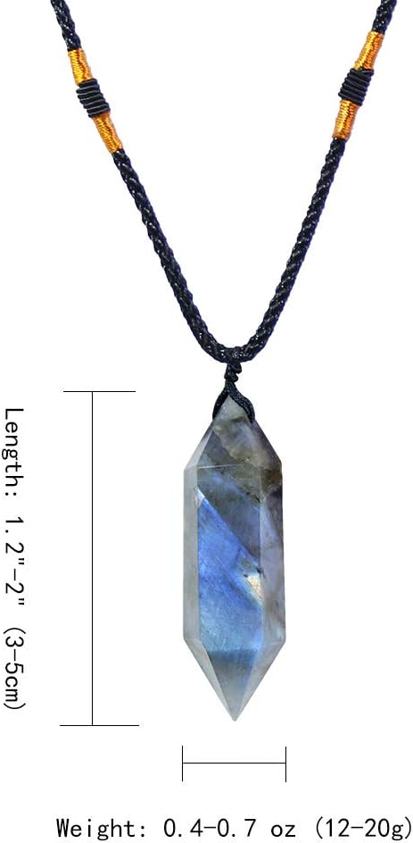 Runyangshi Labradorite Healing Crystal Pendants, Double Pointed Natural Crystal Quartz Necklace 6 Faceted Chakra Crystal Wand Stone