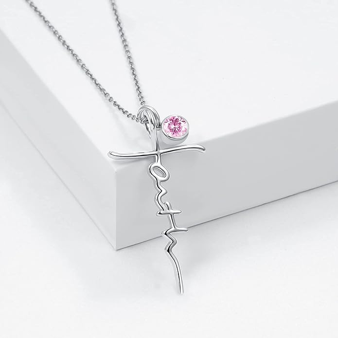 PRAYMOS Faith Cross Necklace for Women 925 Sterling Silver Pendant Necklace With Birthstone Initial Christian Religious Confirmation Baptism Mothers Day Gifts
