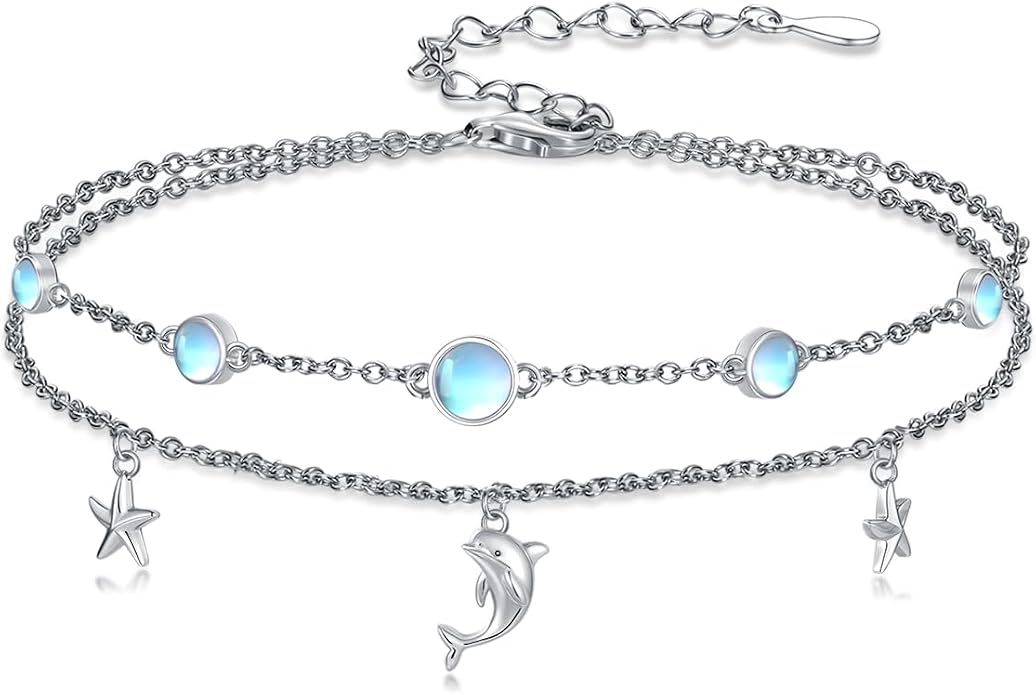 Wave/Dolphin Bracelet/Sea Turtles Anklet 925 Sterling Silver Adjustable Moonstone Bracelet/Anklet Summer Ocean Jewelry Gifts for Women
