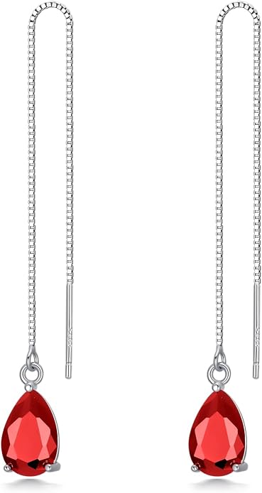 925 Sterling Silver Threader Drop Long Box Chain Ear Line Earrings with 11 * 8mm Birthstone Crystals, Birthday Jewelry Gifts for Women