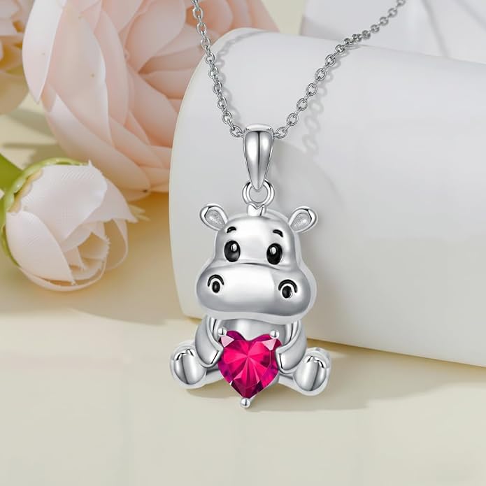 PROESS Animal Birthstone Necklace 925 Sterling Silver Otter/Axolotl/Hippo/Elephant/Dachshund/Monkey/Red Panda Pendant Necklace Animal Birthstone Jewelry Gifts for Women