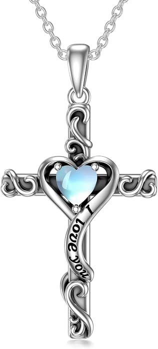 TOUPOP Cross Birthstone Necklace for Women 925 Sterling Silver Heart Cross Pendant I Love You Jewelry Anniversary Birthday Mothers Day Gifts for Mom Wife Her
