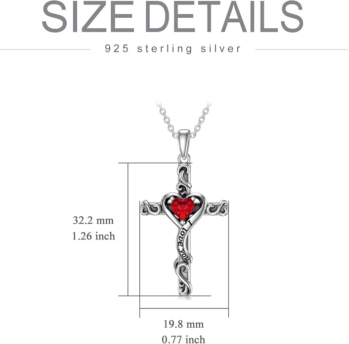TOUPOP Cross Birthstone Necklace for Women 925 Sterling Silver Heart Cross Pendant I Love You Jewelry Anniversary Birthday Mothers Day Gifts for Mom Wife Her