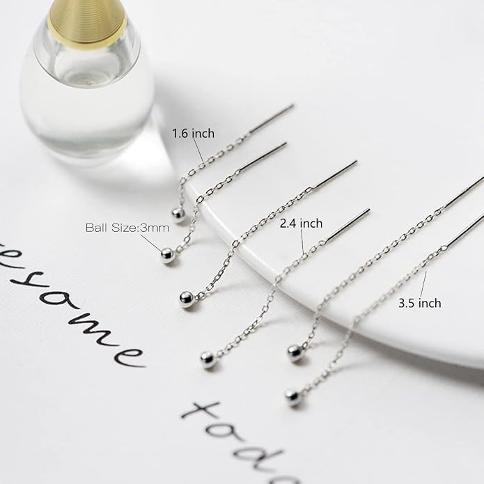 3 Pairs Threader Earrings 925 Sterling Silver Long Chain Earrings Bar/Ball Wrap Threader Drop Earrings for Women Lightweight Minimalist Mother's Day Jewelry Set