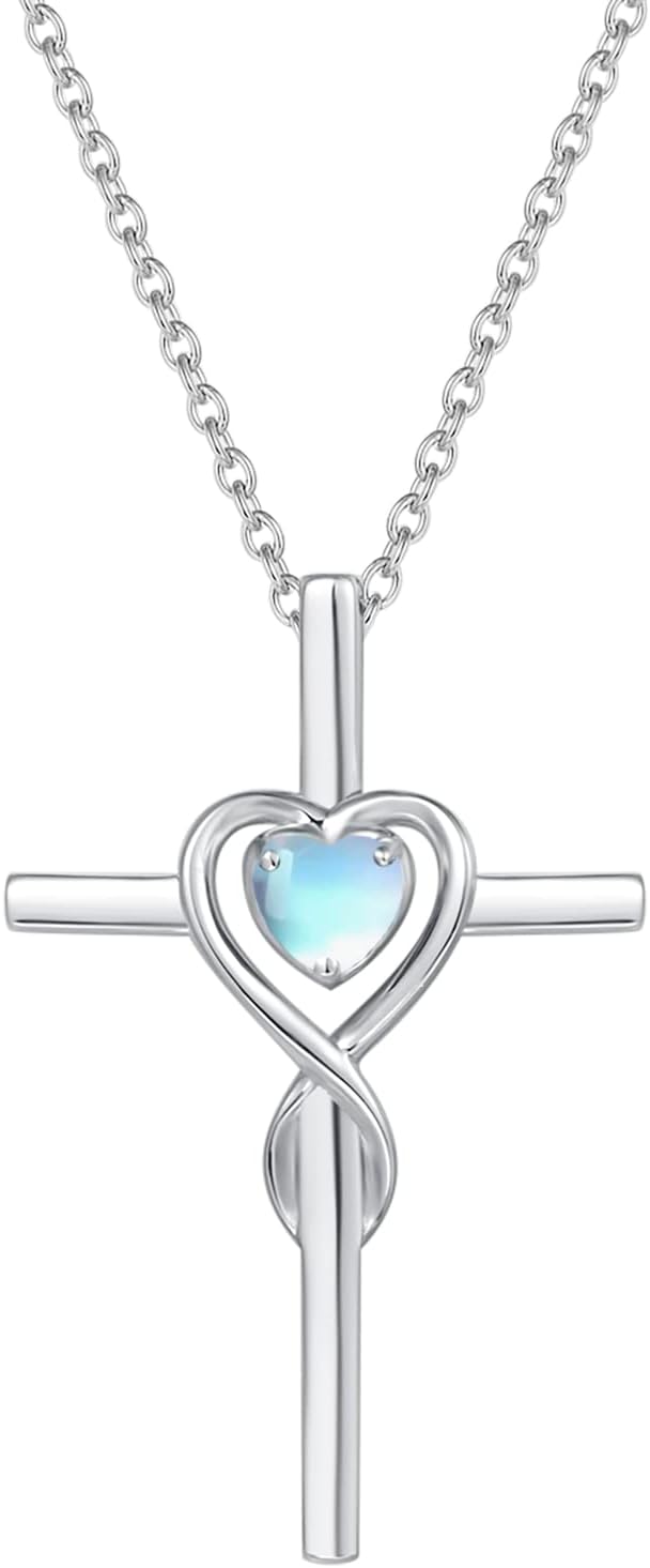 FANCIME Birthstone Cross Necklace for Women Birthstone Necklace Heart Infinity Cross Pendant Necklace Fine Jewelry Christmas Birthday Holiday Gifts for Her, 16"+2" Inches