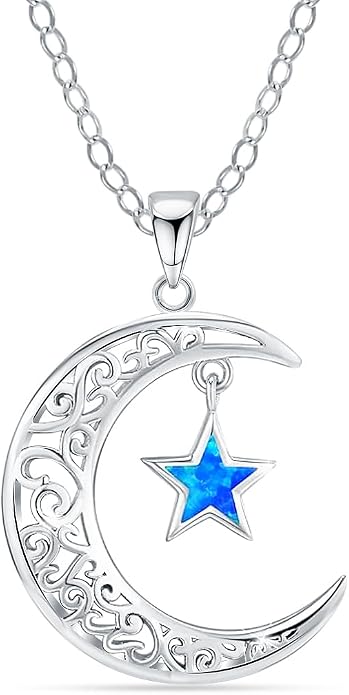 LeCalla 925 Sterling Silver Pendant Necklace | Crescent Moon and Star Necklace Jewelry | Handmade Charm Pendant Necklace for Women | Adjustable Chain Necklace Gifts for Women Valentine s Day, Mother s Day