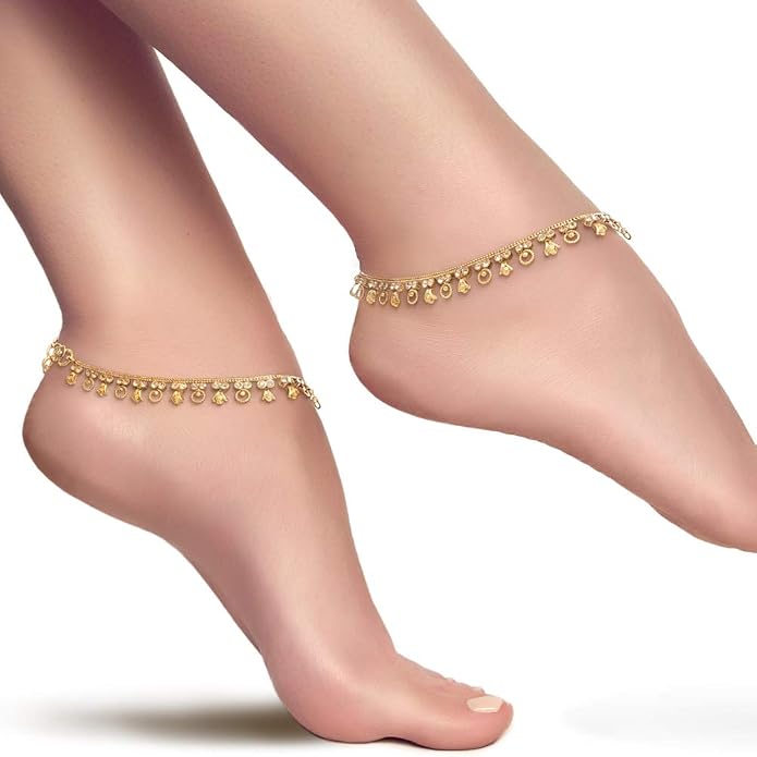 Duel On Jewel Gold Payal Set for Women, Indian Paayal Jhanjar Chain Anklets with Bell Detail, Foot Jewelry Pair, 10 Inch Comfort Fit, Traditional & Dainty Styles for Wedding Beach Everyday Gift