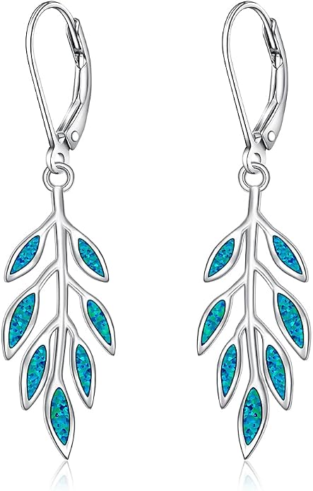 Leaf Earrings for Women Sterling Silver Opal Dangle Earrings Nature Green Blue Opal Drop Leaf Abalone Shell Jewelry Gifts