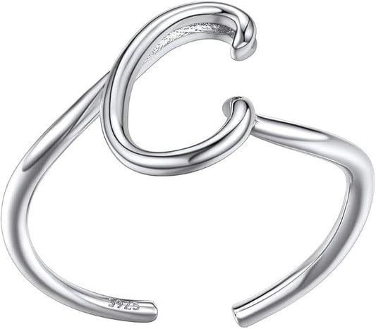 SILVERCUTE S925 Initial Rings, Adjustable Size 6-12 Statement Alphabet Letter A-Z Jewelry Personalized Twisted Initials Rings Sterling Silver Stacking Ring for Women