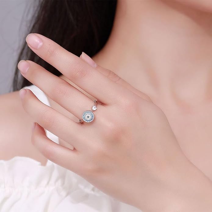 To My Daughter, Evil Eye Fidget Mood Anxiety Relief Spinning Ring Adjustable Silver Inspirations Gifts Jewelry for women