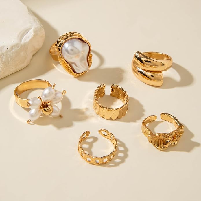 Chunky Gold Irregular Rings Stack Set for Women Statement Baroque Pearl Flower Stackable Knuckle Finger Ring Non Tarnish Boho Hammered Jewelry Gifts