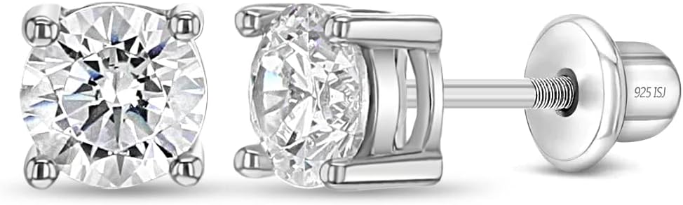 925 Sterling Silver Kids 2mm-5mm Clear Cubic Zirconia Round Stud Solitaire Screw Back Earrings for Babies & Toddlers - Baby Girl Earrings with Safety Screw Backs for Infant and Toddler Children