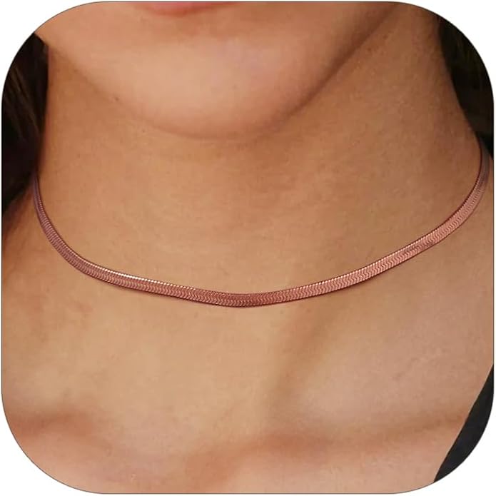 FindChic Black/14K Gold Plated Herringbone Choker Chain Necklace for Women | Waterproof Stainless Steel, Dainty Layering, Flat Snake Chain, Non-Tarnish, Hypoallergenic, Adjustable Extender, Gift Box