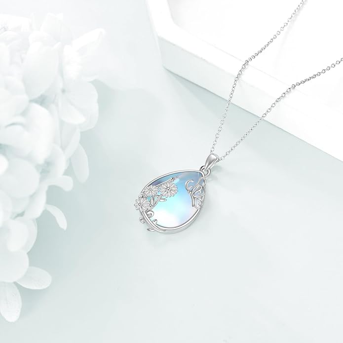 YAFEINI 925 Sterling Silver Moonstone Necklace Filigree Teardrop Pendant Necklace Jewelry for Women Girls
