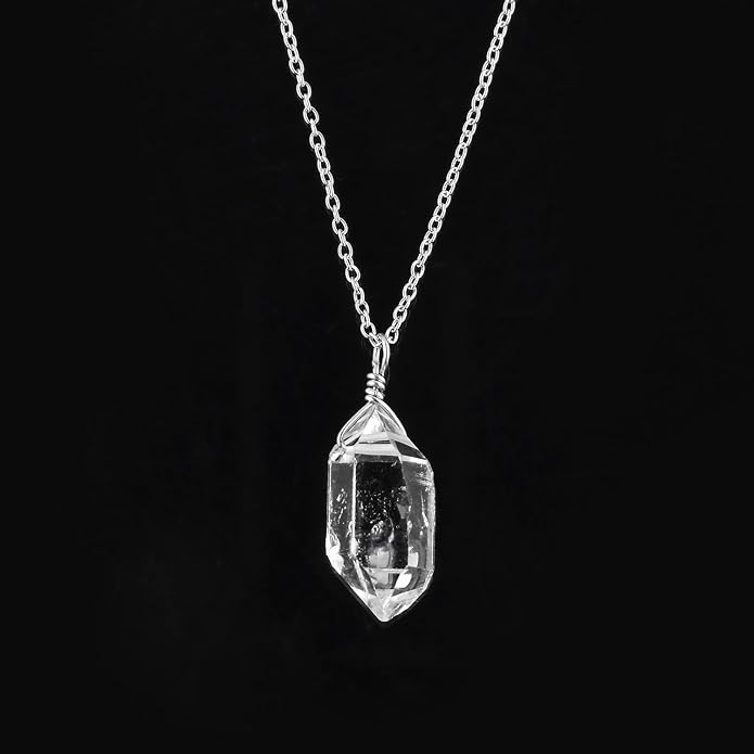 AAA Rhodium Plated 925 Sterling Silver Raw Herkimer Diamond Quartz Pendant Necklace, Natural Gemstones Solitaire, Birthstone, Handmade Dainty Jewelry 18inch, Valentine Gift