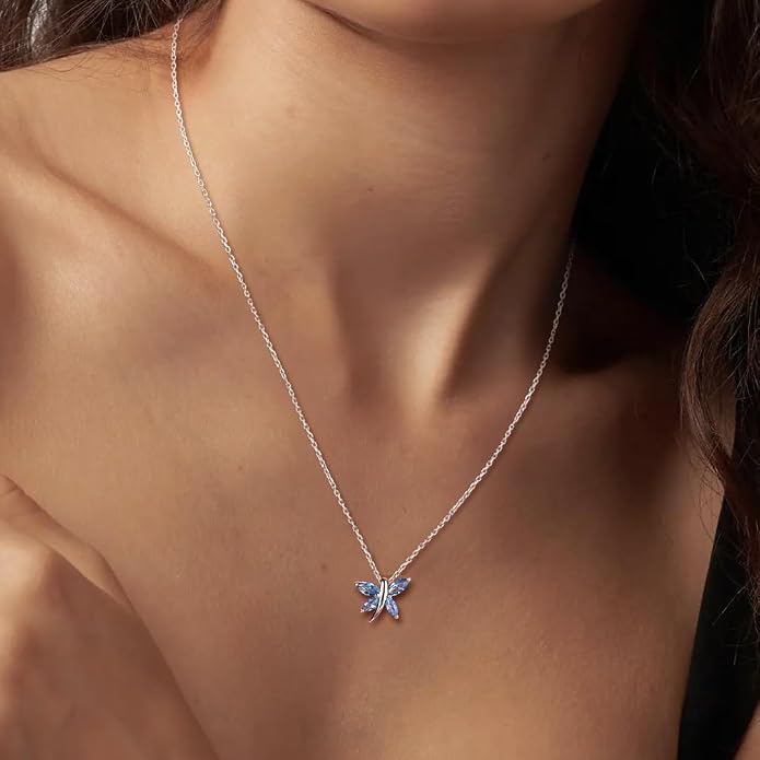 925 Sterling Silver Birthstone Necklaces for Women, Dainty Cute Dragonfly/Butterfly Pendant Necklace, Great Christmas/Anniversary Jewelry for Mother