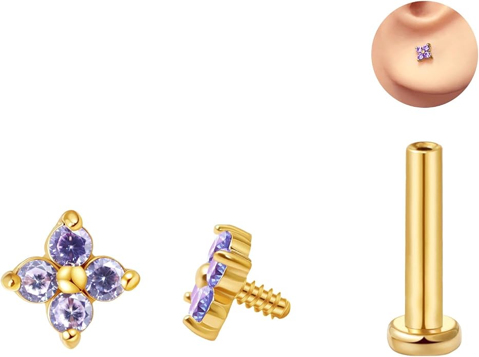 FANSING CZ Flower Internally Threaded Flat Back Earring Labret Stud for Cartilage Tragus Helix Conch