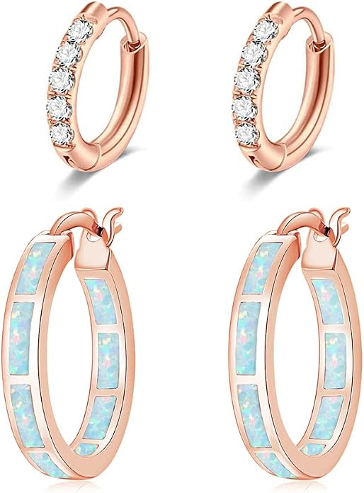 CiNily Sterling Silver/Rose Gold/Yellow Gold Plated Hoop Earrings 20mm,Multicolor Opal Small Hoop Earrings for Women Girls Hypoallergenic Jewelry for Sensitive Ears Gemstone Earrings